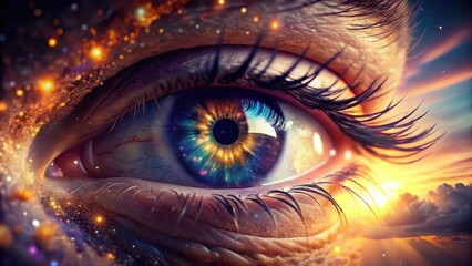 A Close-Up View of a Human Eye Reflecting a Vivid, Cosmic Sunset with Sparkling Dust Particles