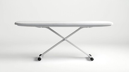 White ironing board with wheels on white background.