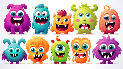 Obraz premium Colorful Cartoon Cute Monsters Set Isolated on Transparent Background for Children's Illustrations and Designs