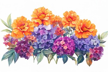 Vibrant floral arrangement of marigolds and hydrangeas.