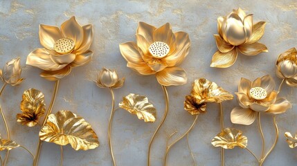 Golden lotus with Stucco Stems and Leaves An elegant 3D floral background. Elegant 3D Floral Background Featuring Golden lotus with Stucco Stems and Leaves.