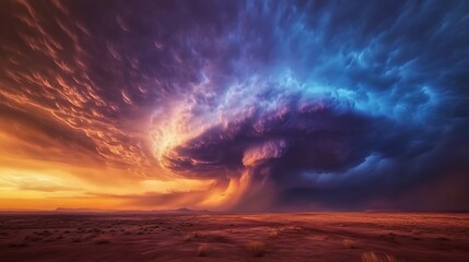 Obraz premium Dramatic Desert Landscape with Stormy Clouds, Blue, Orange and Violet Skies