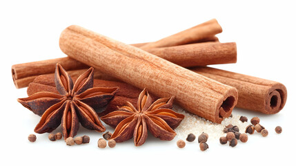 Aromatic Spices with Cinnamon Sticks, Star Anise and Sugar on White