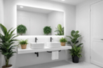 Blurred bathroom interior, wash basin, clean area, modern theme, there is a large mirror above the wash basin, there is a potted plant in the corner, blurry wallpaper