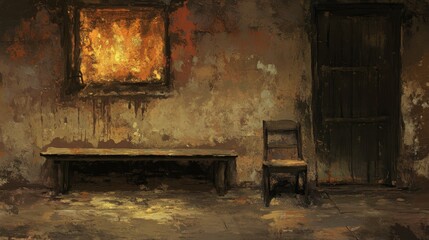 Old Rustic Interior with Firelit Window room background