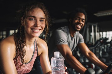 A smiling couple on exercise bikes enjoy a fitness class while staying hydrated and fit.