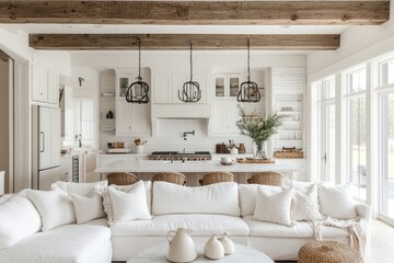 interior of modern white kitchen with wooden elements