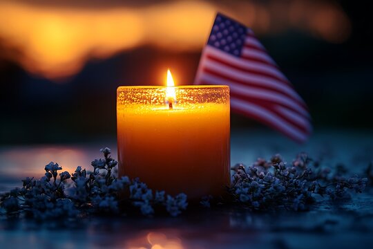 Memorial day remembrance candle with american flag at sunset