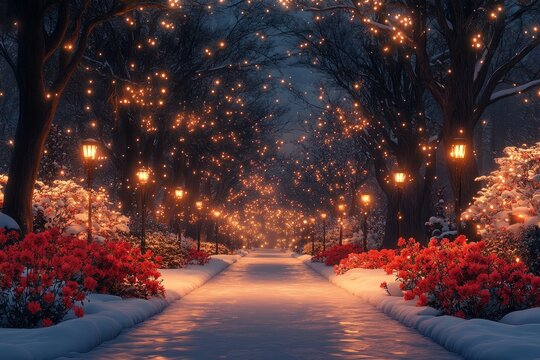 Snowy path, winter night, glowing lights, festive scene, holiday card