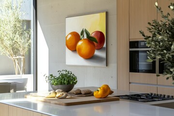 Modern kitchen interior design with fresh fruits and vegetables.