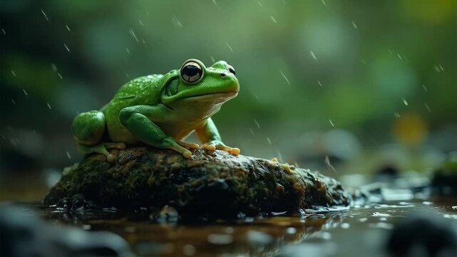 The frog sat on the rock, quietly watching the water ripple below.