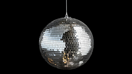 Obraz premium Shimmering Silver Disco Ball Hanging Against Black Background