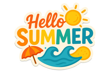 Hello Summer Typography with Sun and Ocean Waves  