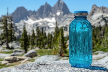 Blue water bottle rests on a rock against a mountain backdrop.