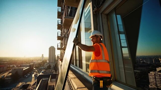 The builder worked diligently on the skyscraper&rsquo;s windows, installing glass panes that reflected the city skyline brilliantly.