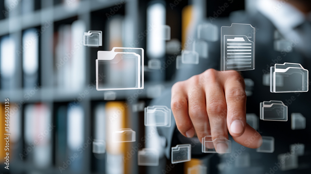 Poster digital document management system interface modern technology business data files online storage cl