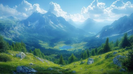 Obraz premium Idyllic mountain landscape with green meadows, pristine lake, and blue sky