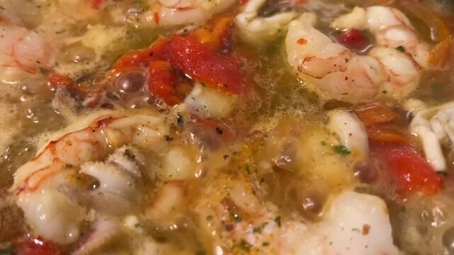 Cocinando gambas con pimiento rojo y tomate.