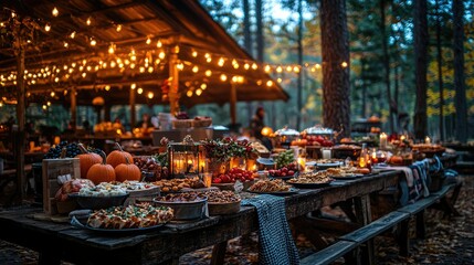 Rustic outdoor fall feast under a covered wooden pavilion.  A long wooden table is laden with a variety of autumnal foods, including pumpkin treats, fruits, and pastries, all beautifully arranged. 