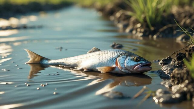 In this tainted canal, dead fish are seen rising to the top of the water.