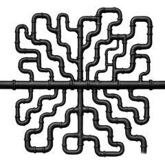 Visually striking complex network of dark, interconnected pipes branching out into an intricate structure.