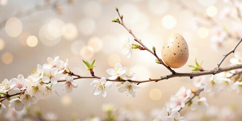 Speckled Egg Resting Gently on a Delicate Branch Adorned with Spring Blossoms