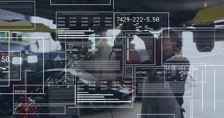 female auto mechanic using angle grinder under vehicle lift, with floating gear icons and chart - Powered by Adobe