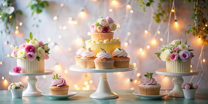 Delightful array of pastel cupcakes and tiered cakes adorned with fresh flower bouquets, set against a warm, enchanting backdrop of soft lighting