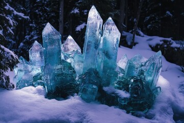 A mesmerizing cluster of teal ice crystals, resembling a fantastical frozen fortress, rests in a snowy winter landscape.