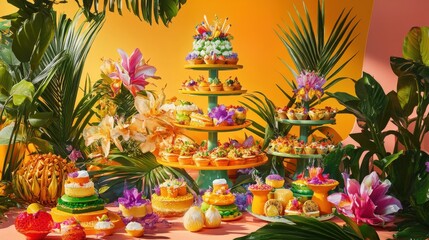 Fototapeta premium Colorful dessert display featuring tiered cakes and tropical fruits amidst vibrant foliage