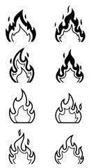 Inferno Icon Set: An artistic collection of fire icons, symbolizing energy, passion, and transformation, presented with striking black and white contrast.