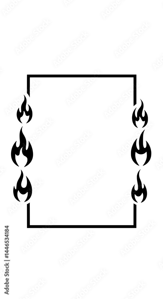 Poster fiery square frame: a bold black square frame is adorned with stylized flames at each corner, creati