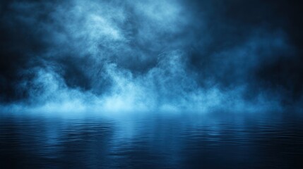 Ethereal blue fog swirls over a dark, reflective water surface