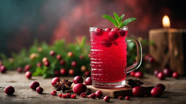 Refreshing cranberry juice drink and fresh cranberries. Herbal tea.
