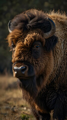 Fototapeta premium Close-Up of European Bison with Thick Curly Mane and Curved Horns