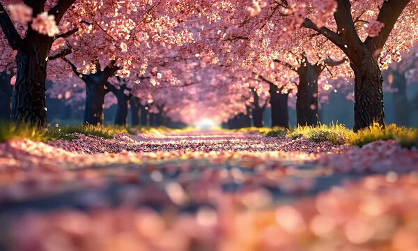 Cherry blossom trees forming romantic tunnel of falling petals over sunlit pathway during full spring bloom season
