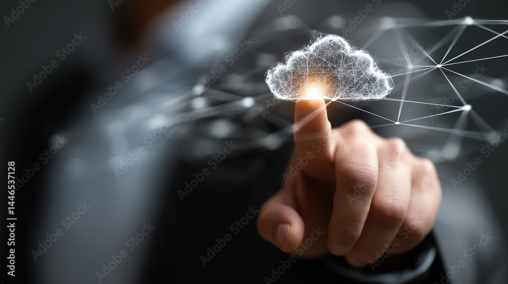 Poster digital cloud computing network technology abstract business concept image web data hand cyber touch