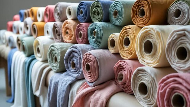 Rolls of linen fabric arranged in a line.