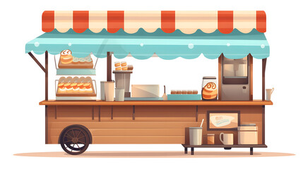 Fototapeta premium Cartoon Coffee Stand on Street Stall for Fast Food Market Concepts
