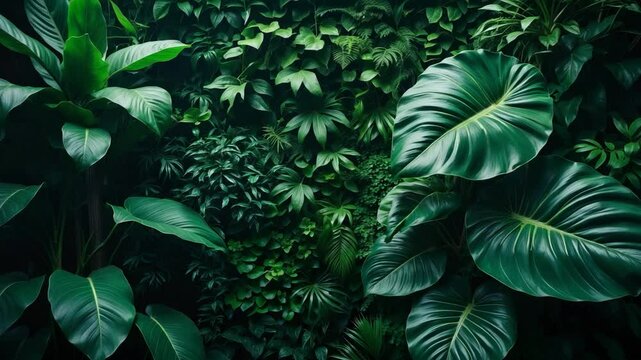 Vibrant greenery backdrop. Arrangement of tropical leaves on a plant wall. Lush dark green plants flourishing.