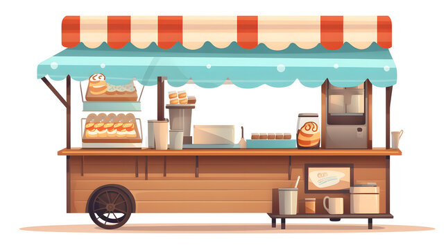Cartoon Coffee Stand on Street Stall for Fast Food Market Concepts