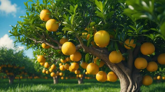 Well-grown grapefruit tree full of ripe fruit in a grove for distribution.