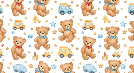 Watercolor Teddy Bear Pattern on White.