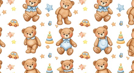 Watercolor Teddy Bear Pattern on White.