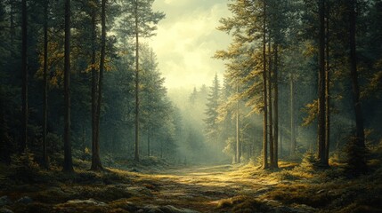 Fototapeta premium Enchanted morning light filtering through a mystical coniferous woodland scene