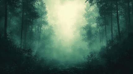 Obraz premium Ethereal woodland scene with mist shrouded trees and gentle light filtering through