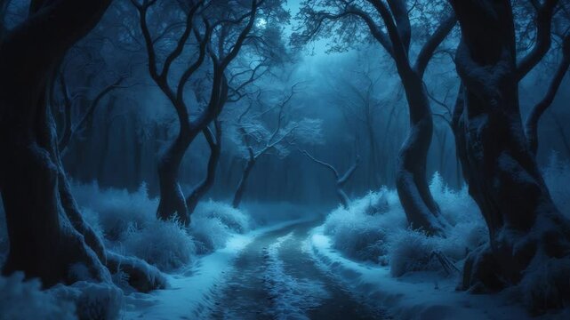 Enigmatic fairy woodland. Winter landscape. Shadowy fantasy backdrop. Snowy magical garden.
