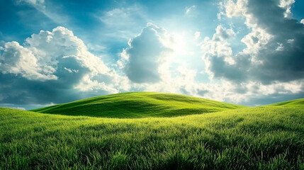 Fototapeta premium A vibrant green field under a bright blue sky filled with fluffy white clouds and a shining sunbeam
