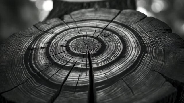 Cross-section of an aged wooden tree. Intricate black and white texture of a sliced tree trunk or stump. Coarse natural tree rings showcasing a detailed view of the end grain.