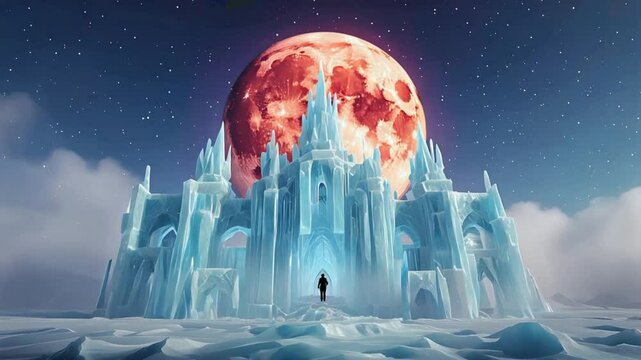 Surreal fantasy scene with a large, glowing red moon and frozen, crystalline structures. Evokes a cold, magical world. Red moon crystal landscape.